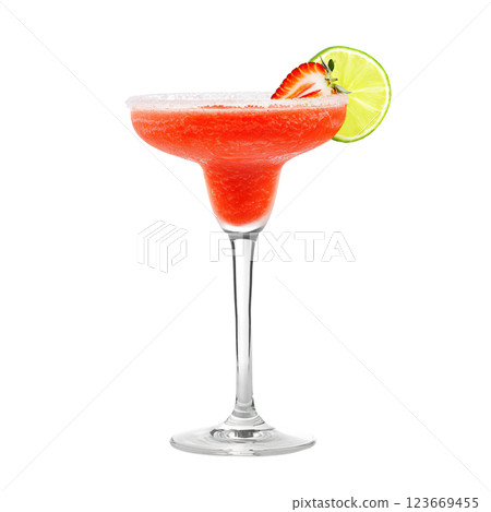 Frozen strawberry Margarita cocktail with lime wheel garnish transparent PNG isolated background. Mixology, bar menu, colorful vibrant refreshing drink in margarita glass 123669455