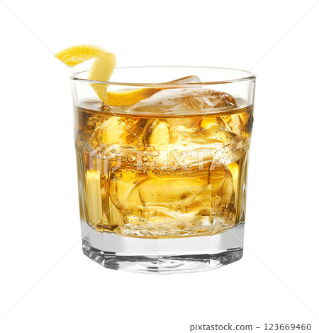 Rusty Nail cocktail with lemon twist garnish transparent PNG isolated background. Mixology, bar menu, colorful vibrant refreshing drink in rocks glass Rusty Nail cocktail with lemon twist garnish transparent PNG isolated background. Mixology, bar menu, colorful vibrant refreshing drink in rocks glass 123669460