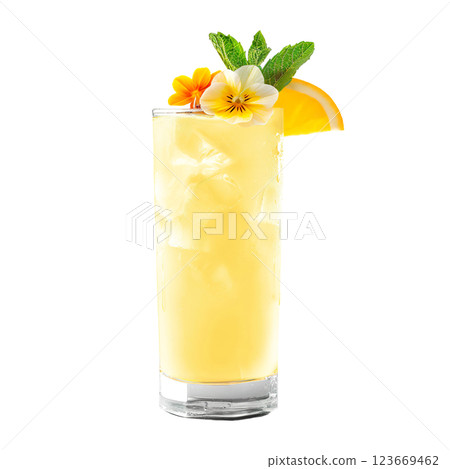 Scorpion cocktail exotic flower garnish transparent PNG isolated background. Mixology, bar menu, colorful vibrant refreshing drink in highball glass 123669462