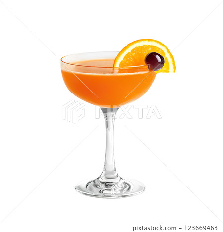 Ward Eight 8 cocktail with orange slice garnish transparent PNG isolated background. Mixology, bar menu, colorful vibrant refreshing drink in coupe saucer glass Ward Eight 8 cocktail with orange slice garnish transparent PNG isolated background. Mixology, bar menu, colorful vibrant refreshing drink in coupe saucer glass 123669463