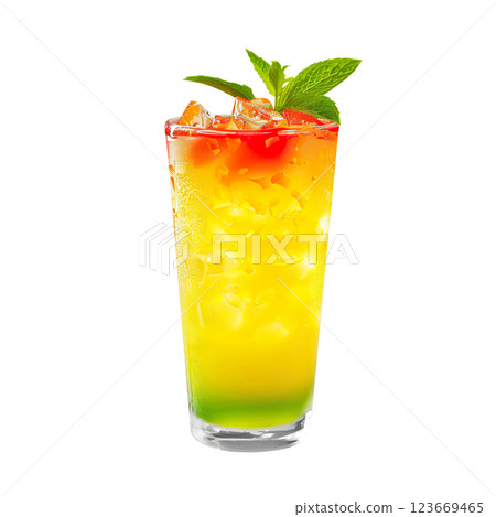 Yellow Zombie Punch cocktail transparent PNG isolated background. Mixology, bar menu, colorful vibrant refreshing drink in tumbler glass 123669465
