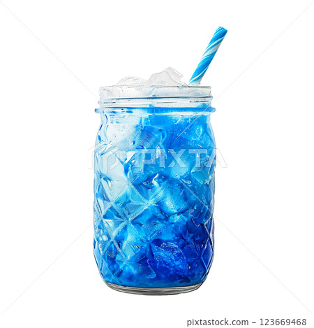 Blue Zombie Punch cocktail transparent PNG isolated background. Mixology, bar menu, colorful vibrant refreshing drink in glass jar 123669468