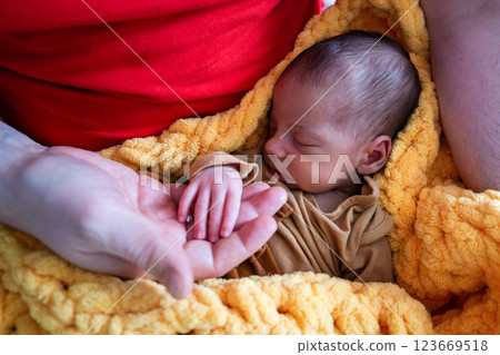 Newborn Baby Holding Adult's Hand Newborn Baby Holding Adult's Hand 123669518
