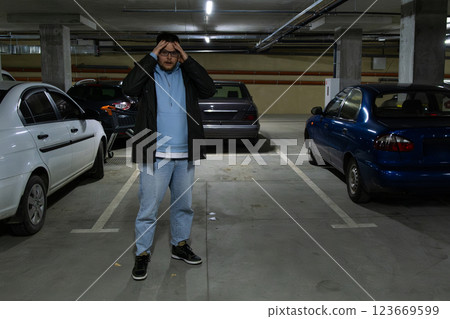 Person in Underground Parking Garage Figure Out of Stolen Car Person in Underground Parking Garage Figure Out of Stolen Car 123669599