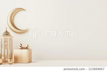 Eid al-Fitr celebration postcard with golden lantern, crescent moon, and gift decor, background, copy space 123669667