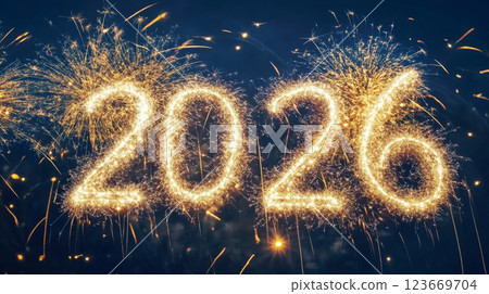 New year celebration 2026 fireworks display against dark sky, background New year celebration 2026 fireworks display against dark sky, background 123669704