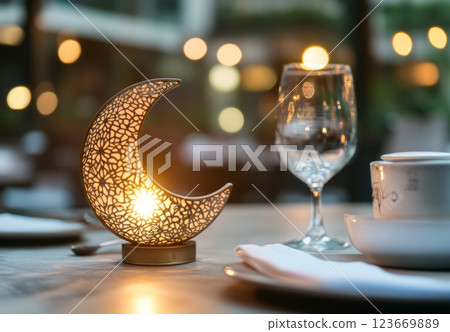 Ramadan dining table decor with crescent lantern and glasses, background 123669889