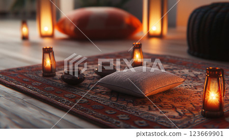 Festive Ramadan lanterns on ornate rug, warm bokeh background 123669901