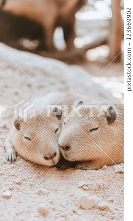 Capybara couple hugging, showcasing animal bonding, St Valentines Day postcard with hearts symbols 123669902