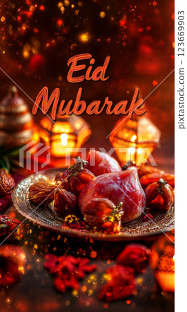 Eid Mubarak greeting card with lanterns and dates on colorful background in ruby red tones 123669903