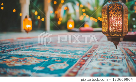 Festive Ramadan lanterns on ornate rug, warm bokeh background 123669904