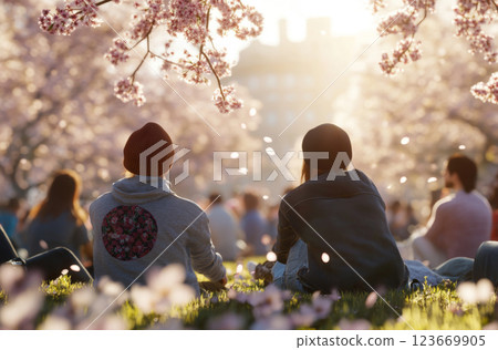 Spring Cherry blossom festival with people enjoying picnic under blooming trees 123669905