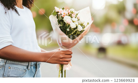Bouquet of white and pink flowers held by African American woman outdoors 123669928