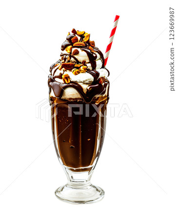 Chocolate milkshake with peanuts transparent PNG, isolated background cutout. Cocoa drizzle garnish, served in a glass 123669987