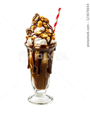 Chocolate Cocoa Spread milkshake transparent PNG, isolated background. Whipped cream topping garnish, served in glass, striped straw, shake bar menu dessert 123670034