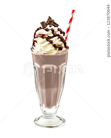 Chocolate milkshake transparent PNG, isolated background. Whipped cream topping garnish, served in glass, striped straw, shake bar menu dessert 123670044