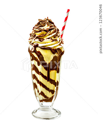 Banana Chocolate Drizzle milkshake transparent PNG, isolated background. Whipped cream topping garnish, served in glass, striped straw, shake bar menu dessert 123670046