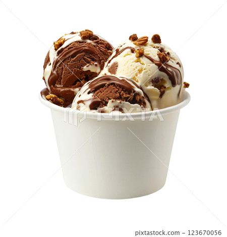 Vanilla And Chocolate Marble Swirl ice cream transparent PNG, isolated background. White paper cup mockup, parlour shop menu dessert, vibrant colorful classic flavour 123670056