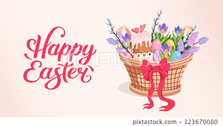 Happy Easter banner with Festive Basket, cake, pastel egg, blooming willow branch and spring crocus. Spring background for holiday greeting, invitation. Vector flat illustration. 123670080