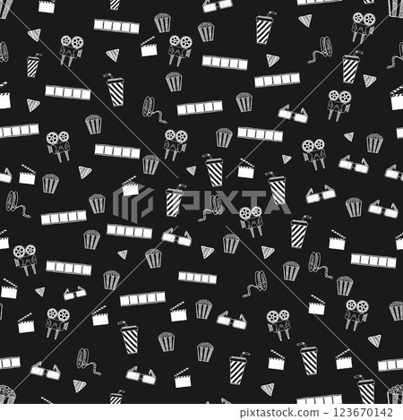 Seamless pattern with hand-drawn movie doodles watching movies in white on a black background Seamless pattern with hand-drawn movie doodles watching movies in white on a black background 123670142