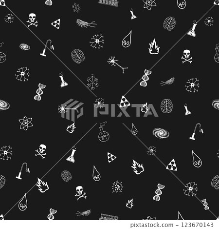 Vector seamless pattern with science symbols? black background with elements of physics Vector seamless pattern with science symbols? black background with elements of physics 123670143