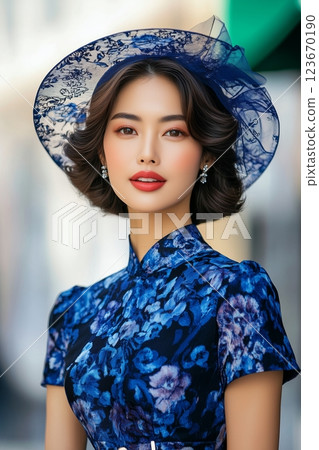 Asian woman in silk robe cradles bowl, vibrant patterns reflecting heritage. Gentle smile adds timeless elegance. Asian woman captures essence of refined culinary tradition. 123670190