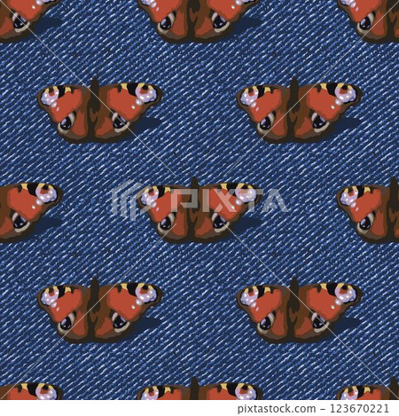 Seamless denim pattern with peacock butterfly with spread wings. Elements are arranged alternately. Top view. Boho style. Grunge textured background. Seamless denim pattern with peacock butterfly with spread wings. Elements are arranged alternately. Top view. Boho style. Grunge textured background. 123670221