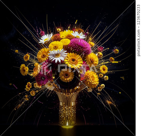A bouquet of beautiful flowers on a black background. A beautifully decorated bouquet of festive flowers. AI generated. Hand edited. A bouquet of beautiful flowers on a black background. A beautifully decorated bouquet of festive flowers. AI generated. Hand edited. 123670233