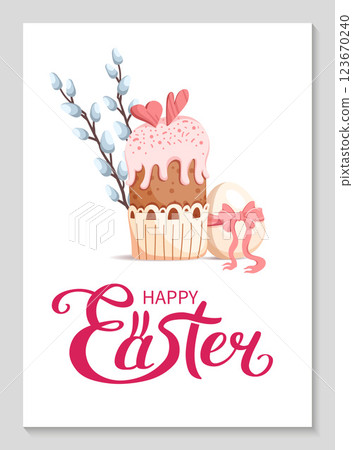 Happy Easter poster with festive cake, pastel eggs, and blooming willow branches. An egg with pink ribbon bow. Perfect spring design for holiday greetings, invitations. Vector flat illustration. Happy Easter poster with festive cake, pastel eggs, and blooming willow branches. An egg with pink ribbon bow. Perfect spring design for holiday greetings, invitations. Vector flat illustration. 123670240