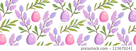 Happy Easter seamless pattern featuring colorful Easter eggs, floral elements, and lilac flowers. Ideal for textiles, wrapping paper, packaging. festive spring backgrounds. Vector flat illustration. Happy Easter seamless pattern featuring colorful Easter eggs, floral elements, and lilac flowers. Ideal for textiles, wrapping paper, packaging. festive spring backgrounds. Vector flat illustration. 123670241