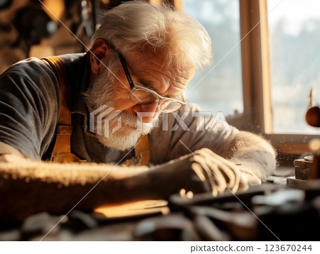 Elderly craftsman with white beard and glasses working intently Elderly craftsman with white beard and glasses working intently 123670244