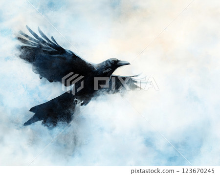 Artistic illustration of a black raven soaring through a misty blue sky 123670245