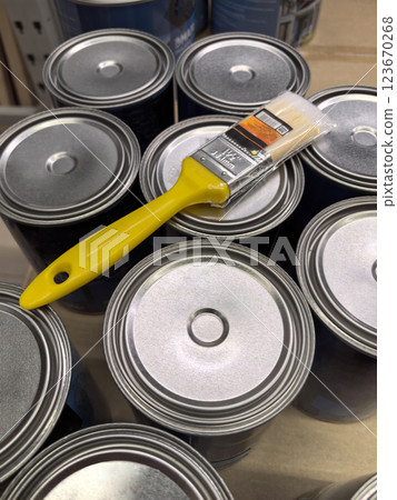 Colorful tools ready for a vibrant painting project in a workshop 123670268