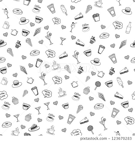 Seamless pattern with doodle cafe with ice cream hearts cakes coffee tea cake cups on a white background 123670283