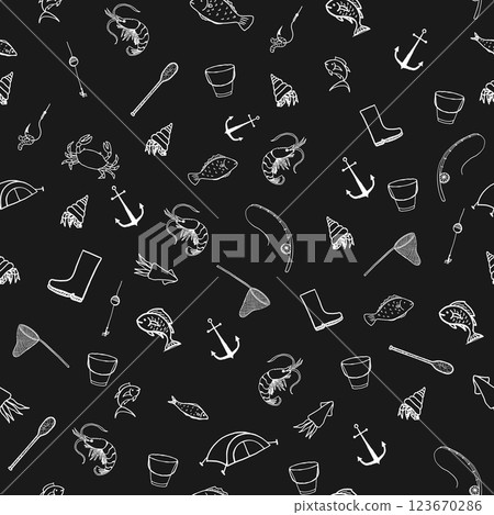 Fishing doodle seamless pattern which depicts an anchor fish crab squid hook worm landing net paddle on a black background Fishing doodle seamless pattern which depicts an anchor fish crab squid hook worm landing net paddle on a black background 123670286
