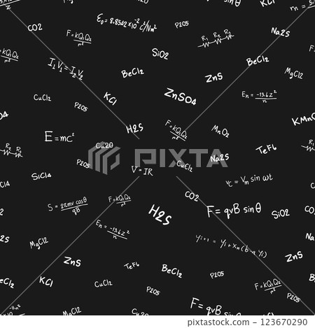 Seamless doodle pattern with formulas and graphs of trigonometric functions on a black background 123670290