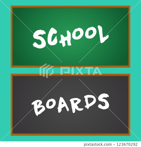 Chalkboard set, realistic black and green chalkboard in a wooden frame on a turquoise background 123670292