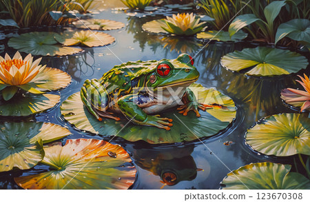 Frog is sitting on a lily pad in a pond. The frog is green and red Frog is sitting on a lily pad in a pond. The frog is green and red 123670308