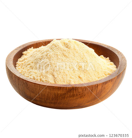 Garlic spice in wooden bowl PNG, transparent isolated background. Ground spices, vibrant vivid colorful cooking seasoning ingredient, food flavour 123670335