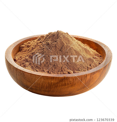 Nutmeg spice in wooden bowl PNG, transparent isolated background. Ground spices, vibrant vivid colorful cooking seasoning ingredient, food flavour 123670339
