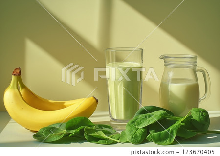 Refreshing green smoothie with spinach, banana, and almond milk in clear glass 123670405