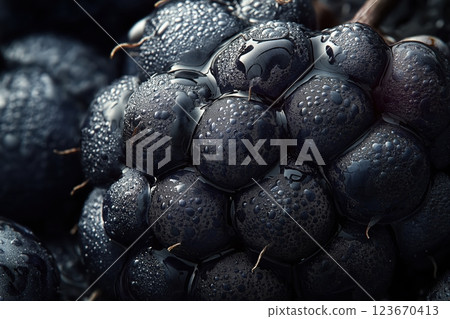 Close-up of a blackberry showcasing textured skin, hairs, dimples, and vibrant color 123670413