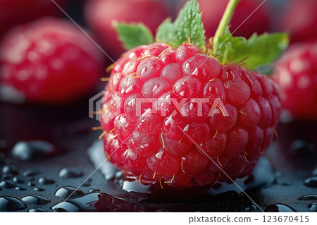 Close-up of a raspberry showcasing textured skin, hairs, dimples, and vibrant color 123670415