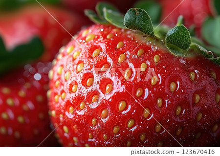 Close-up of a strawberry showcasing textured skin, hairs, dimples, and vibrant color 123670416