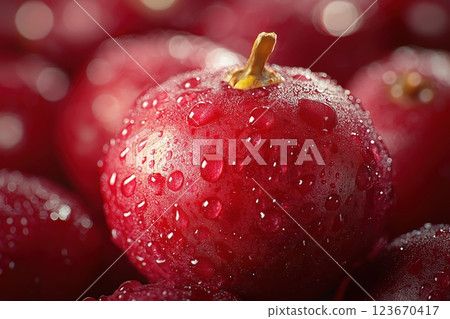 Close-up of a cranberry showcasing textured skin, hairs, dimples, and vibrant color 123670417