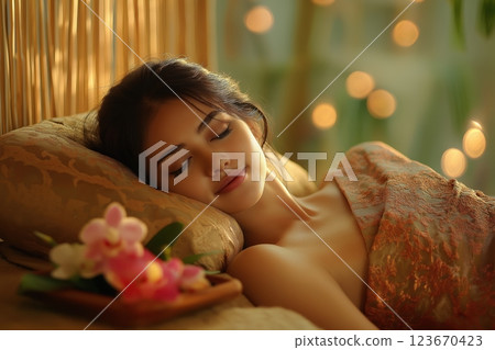 Serene Thai spa massage with golden light and soothing herbal aromas 123670423