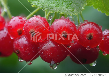 Close-up of a redcurrant sprig showcasing textured skin, hairs, dimples, and vibrant color 123670426