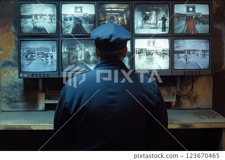Security guard focused on surveillance monitor, displaying live camera feeds with vigilance Security guard focused on surveillance monitor, displaying live camera feeds with vigilance 123670465
