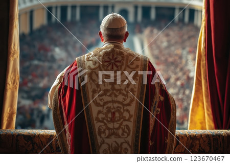 Pope standing on balcony, regal robes flowing in peaceful, solemn grace 123670467