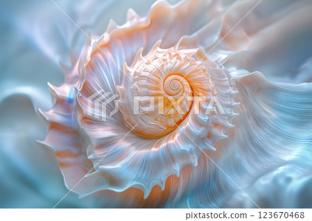 Seashell Close-up: Iridescent Surface with Swirling Patterns and Colors 123670468